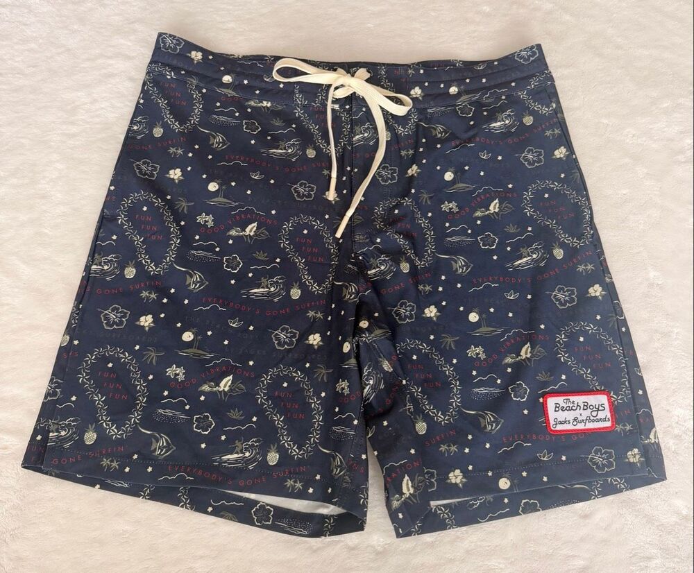 JACK’S SURFBOARDS x The Beach Boys Men’s Board Shorts 31 Navy Hawaiian Surf Prin